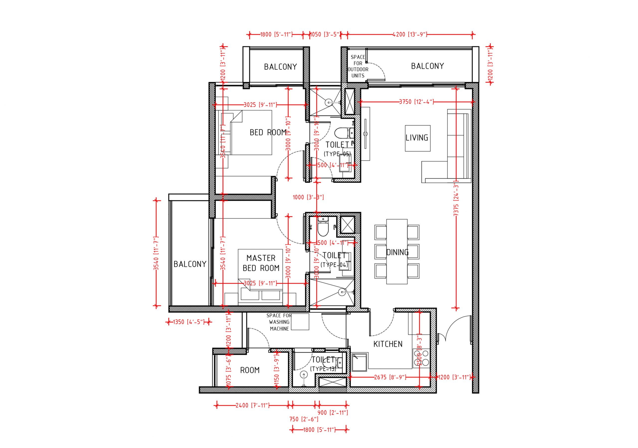 2+1 (BHK) 1106 sqft Floor Plan